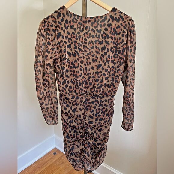 Zara Leopard Print Long Sleeve Ruched Wrap Mini Dress Size M Bodycon - Picture 7 of 7